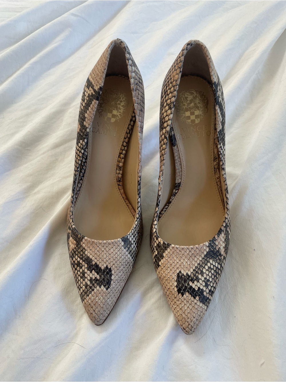 Vince Camuto Snake-Print Pointed Toe Pumps in Neutral Beige and Black